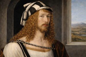 Albrecht Dürer: Selbstbildnis von 1498 mit lockigem Haar und gestreifter Haube vor einem Fenster mit Alpenpanorama