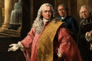 Bernardo Bellotto: Das Selbstbildnis als venezianischer Botschafter im prachtvollen purpurnen Gewand vor einem Brunnen