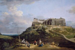 Bernardo Bellotto - Die Festung Königstein von Norden: Das historische Veduten-Gemälde mit der Festung im Hintergrund und einer Hirtenszene mit Vieh im Vordergrund
