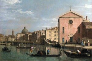Bernardo Bellotto - Der Canal Grande mit Blick auf Santa Croce: Das historische Veduten-Gemälde mit Blick auf die einstige Kirche Santa Croce und belebtem Gondelverkehr