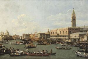 Canaletto - Il-bucintoro-al-molo-il-giorno-dell-ascensione: Das berühmte Veduten-Gemälde zeigt das Prunkschiff Bucintoro am Molo sowie den Dogenpalast und den Markusturm.