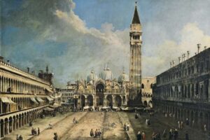 Canaletto - The Piazza San Marco in Venice: Das berühmte Veduten-Gemälde zeigt den historischen Markusplatz mit dem Markusdom und dem freistehenden Campanile