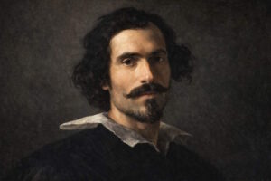 Caravaggio (Michelangelo Merisi): Porträt des italienischen Barockmalers mit dunklem Lockenhaar, Schnurrbart und weißem Kragen