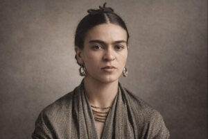 Frida Kahlo: Porträt der mexikanischen Malerin mit markanten Augenbrauen, traditionellem Schmuck und dunklem Haar