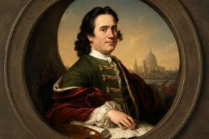 Canaletto - Giovanni Antonio Canal: Das historische Porträt des venezianischen Malers mit einer Ansicht von London im Hintergrund