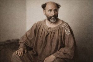 Gustav Klimt: Porträt des Wiener Jugendstil-Malers in seinem charakteristischen Malerkittel