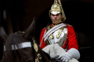 Household Cavalry Museum - London - Life Guards: Ein berittener Soldat der Life Guards in traditioneller roter Uniform, glänzendem Brustpanzer und goldenem Helm