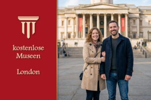 Kostenlose Museen - London: Ein glückliches Paar vor der National Gallery am Trafalgar Square, bei der der Eintritt frei ist