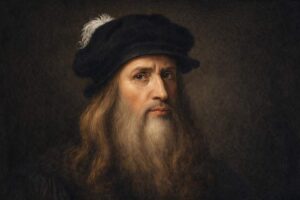Leonardo da Vinci: Klassisches Porträt mit langem Bart und schwarzem Barett im Renaissance-Stil