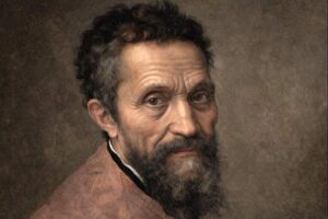 Michelangelo Buonarroti: Porträt des Künstlers mit Bart und Barett, dargestellt im klassischen Stil der Renaissance