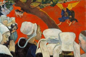 Paul Gauguin - Vision nach der Predigt (La Vision après le sermon): Frauen in bretonischen Trachten beobachten Jakobs Kampf mit dem Engel auf leuchtend rotem Grund
