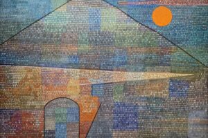 Paul Klee - Ad Parnassum: Gemälde mit einer angedeuteten Pyramide, einer orangefarbenen Sonne und mosaikartigen Farbfeldern