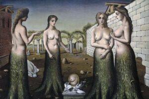 Peggy Guggenheim Collection - Venedig - Gemälde The Break of Day: Das Werk von Paul Delvaux zeigt Frauen, deren Körper in Baumstämme übergehen, ein typisches Motiv für den Künstler