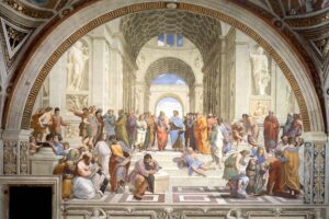 Raffael - Die Schule von Athen (La Scuola di Atene): Weitläufiges Fresko, das zahlreiche antike Philosophen wie Platon und Aristoteles zeigt