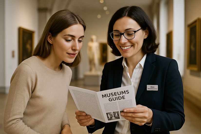 Besucher informieren sich über Museumsbesuche und Kulturangebote in einem Museum.