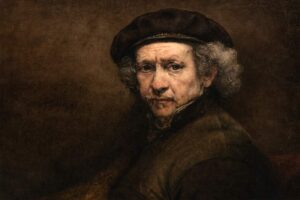 Rembrandt van Rijn: Selbstporträt des niederländischen Malers aus dem Jahr 1659 als älterer Mann mit dunklem Barett und braunem Pelzrock