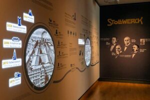 Schokoladenmuseum Köln - Ausstellung Zeitreise des Kakaos: Infowand mit historischer Zeitleiste der Schokoladenherstellung und Porträts der Familie Stollwerck