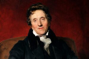 Sir John Soane’s Museum - London - Historisches Porträtgemälde des Architekten Sir John Soane vor einem tiefroten Hintergrund