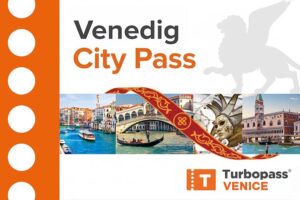 Turbopass Venedig- City Pass: Werbegrafik für den Sightseeing-Pass mit einer Collage aus Venedig-Highlights wie Gondeln, Markusplatz und Dogenpalast, die zum Kaufen anregt