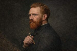 Vincent van Gogh: Porträt als Maler. Künstler mit rotem Bart und Haar, wie er Palette und Pinsel hält
