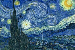 Vincent van Gogh - The Starry Night (Die Sternennacht): Ölgemälde mit einem wirbelnden blauen Nachthimmel, leuchtend gelben Sternen und einer dunklen Zypresse
